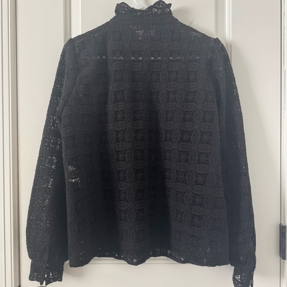 Sezane Chlo Black Guipure Lace Crochet Ruffle Button-Up Blouse Sz 38 - Picture 5 of 8